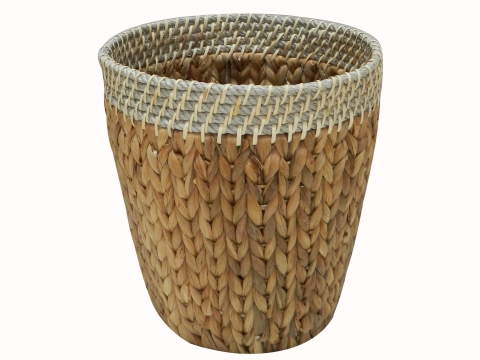 Round water hyacinth trash bin with rope rim